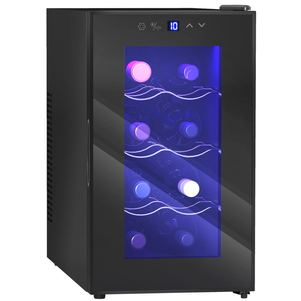 Mini Table Top Wine Fridge, 8 Bottle, 17L, 8-18℃, 26.5cm Quiet Under Counter Wine Cooler Fridge With Glass Door, LED Light, Digital Touch Screen, Temperature Control